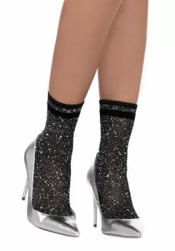 LEG AVENUE Women's Black And Silver Lurex Shimmer Ankle Socks