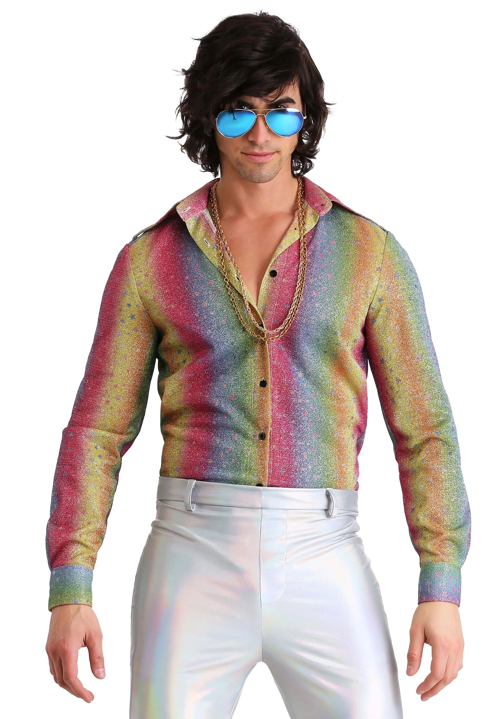 Fun Costumes Men's Rainbow Sparkle Disco Shirt